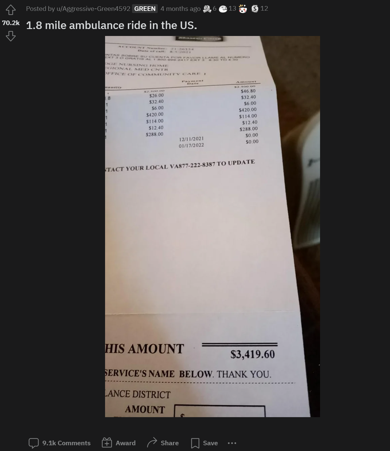 Bill for 1.8 mile ambulance ride in the U.S. totaling $3,419.60